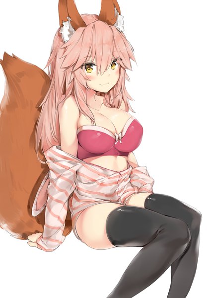 Anime picture 1200x1700 with fate (series) fate/extra tamamo (fate) (all) tamamo no mae (fate) silver (chenwen) single long hair tall image looking at viewer blush breasts light erotic simple background smile large breasts white background sitting bare shoulders animal ears yellow eyes