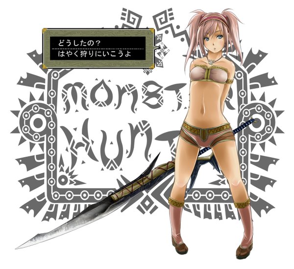 Anime picture 1400x1280 with monster hunter i-la single blue eyes brown hair twintails midriff short twintails girl navel weapon sword shorts hairband jewelry