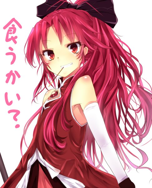 Anime picture 1200x1476 with mahou shoujo madoka magica shaft (studio) sakura kyouko e-co single long hair tall image looking at viewer blush simple background smile red eyes white background bare shoulders ponytail red hair inscription symbol-shaped pupils girl bow