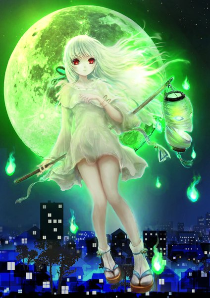 Anime picture 1518x2150 with original 00 single long hair tall image looking at viewer fringe red eyes full body white hair wind night night sky city glowing cityscape mountain expressionless city lights weightlessness