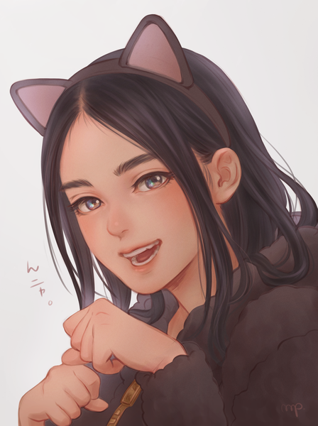 Anime-Bild 3020x4040 mit golden kamuy asirpa mprichin single long hair tall image looking at viewer highres open mouth black hair simple background signed animal ears absurdres cat ears grey background alternate costume fake animal ears portrait paw pose