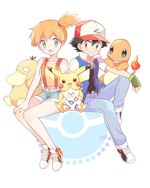 Anime picture 700x875 with pokemon nintendo pikachu misty (pokemon) ash ketchum charmander togepi psyduck mei (maysroom) tall image short hair open mouth black hair smile white background sitting brown eyes green eyes signed full body