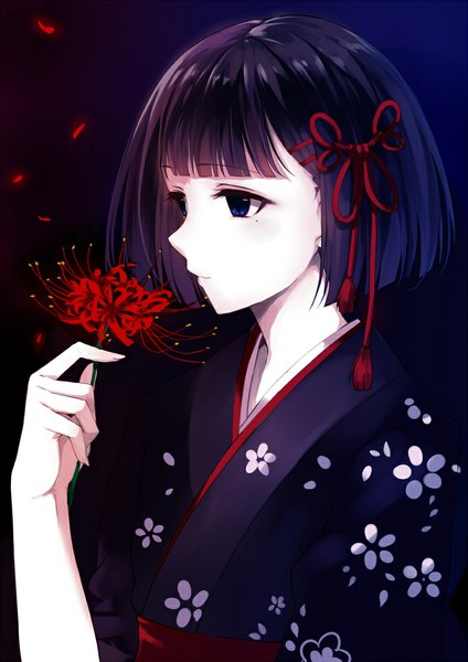 Anime picture 723x1024 with original caidychen single tall image short hair blue eyes black hair looking away traditional clothes japanese clothes dark background girl flower (flowers) ribbon (ribbons) hair ribbon kimono obi higanbana