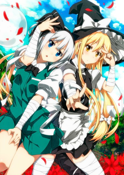 Anime picture 800x1120 with touhou kirisame marisa konpaku youmu sazanami mio long hair tall image looking at viewer short hair open mouth blue eyes blonde hair multiple girls yellow eyes sky silver hair cloud (clouds) outstretched arm outstretched hand ghost girl