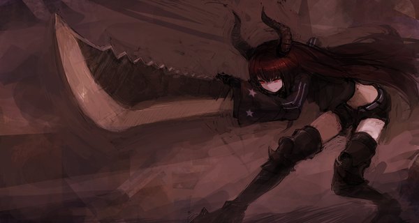 Anime picture 1975x1054 with black rock shooter black gold saw single long hair highres black hair red eyes wide image horn (horns) girl weapon sword shorts boots