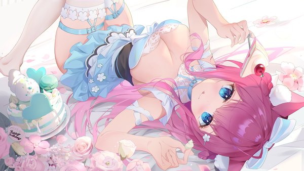 Anime picture 3920x2205 with virtual youtuber indie virtual youtuber kosuzu hisae somna single long hair looking at viewer blush fringe highres breasts blue eyes light erotic wide image large breasts holding animal ears pink hair absurdres cleavage