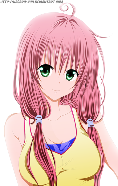 Anime picture 1022x1600 with toloveru toloveru darkness xebec lala satalin deviluke nasaru-kun single long hair tall image smile white background twintails green eyes pink hair ahoge coloring girl