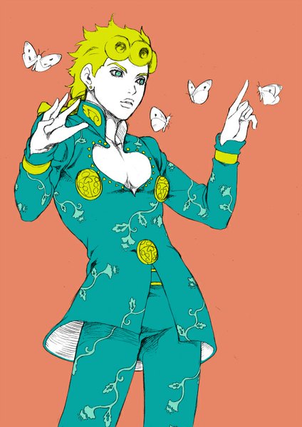 Anime picture 566x800 with jojo no kimyou na bouken giorno giovanna chounorin single long hair tall image simple background blonde hair standing looking away aqua eyes floral print orange background boy insect butterfly