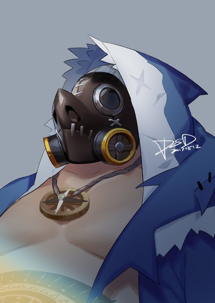 Anime picture 650x918 with overwatch blizzard entertainment roadhog (overwatch) psd (pixiv) single tall image simple background signed upper body grey background dated portrait animal hood boy pendant hood mask