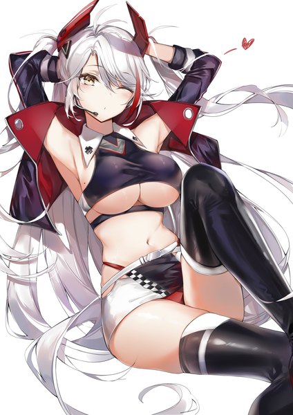 Anime picture 2480x3508 with azur lane prinz eugen (azur lane) prinz eugen (final lap) (azur lane) yukineko1018 single long hair tall image looking at viewer fringe highres breasts light erotic simple background hair between eyes large breasts white background sitting yellow eyes silver hair ahoge