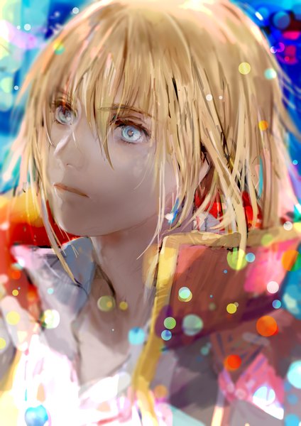 Anime picture 1240x1754 with howl's moving castle studio ghibli howl tomape single tall image short hair blue eyes blonde hair looking away open clothes open shirt boy earrings