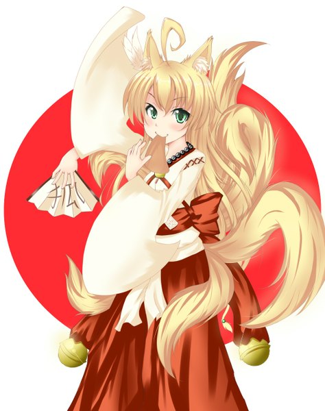 Anime picture 1074x1359 with original waizu (artist) single long hair tall image blonde hair smile green eyes ahoge fox ears mouth hold fox tail fox girl multiple tails girl