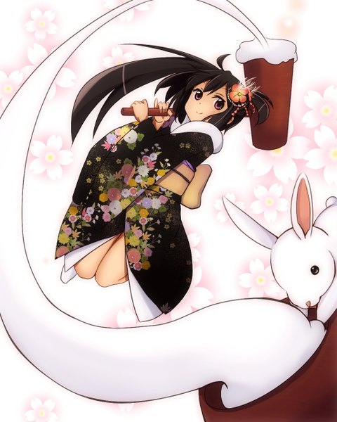 Anime picture 1024x1280 with original note-chan amano kouki tall image looking at viewer blush black hair smile hair between eyes purple eyes traditional clothes japanese clothes hair flower alternate hairstyle jumping foreshortening girl hair ornament flower (flowers) weapon