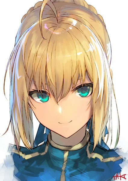 Anime picture 1276x1803 with fate (series) fate/grand order fate/stay night artoria pendragon (all) saber jazztaki single tall image looking at viewer fringe short hair simple background blonde hair smile hair between eyes white background green eyes signed ahoge braid (braids)