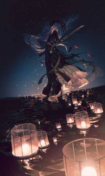 Anime picture 5075x8469 with original ramingbera single long hair tall image fringe highres blue eyes standing holding looking away absurdres silver hair full body outdoors long sleeves parted lips profile wind night