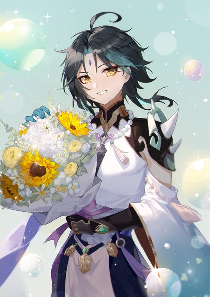 Anime picture 2480x3508 with genshin impact xiao (genshin impact) woodylixx single tall image highres short hair black hair smile yellow eyes ahoge sparkle forehead mark boy flower (flowers) detached sleeves tassel bouquet sunflower