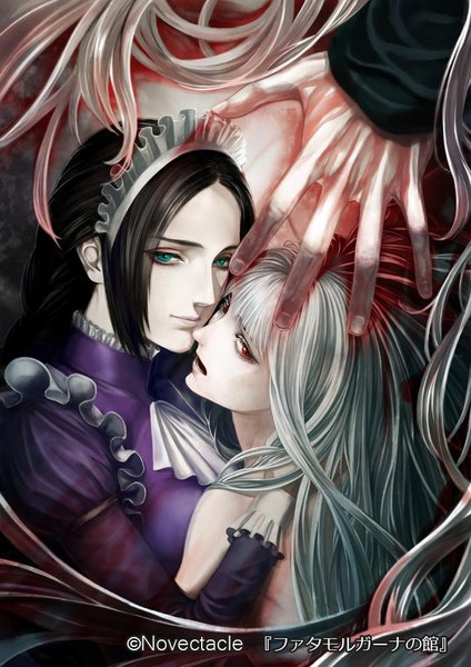 Anime picture 707x1000 with the house in fata morgana novect the white-haired girl (fata morgana) the maid (fata morgana) moyatarou tall image looking at viewer fringe open mouth black hair bare shoulders multiple girls green eyes payot upper body white hair blunt bangs long sleeves very long hair official art