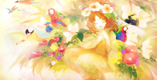 Anime picture 1080x553 with seiken densetsu legend of mana elle (lom) okari single long hair open mouth brown hair wide image eyes closed traditional media watercolor (medium) girl flower (flowers) animal bird (birds) wreath head wreath parrot