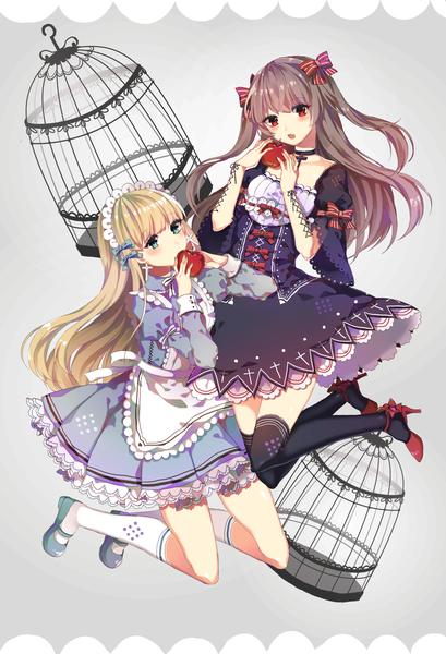 Anime picture 2150x3150 with original sulfur (1453rk) long hair tall image blush fringe highres blue eyes blonde hair red eyes brown hair multiple girls full body blunt bangs grey background high heels two side up lolita fashion girl thighhighs