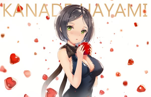 Anime picture 1800x1164 with idolmaster idolmaster cinderella girls hayami kanade dangmill single looking at viewer blush highres short hair breasts open mouth light erotic black hair green eyes character names blue-winged maiden girl dress fruit