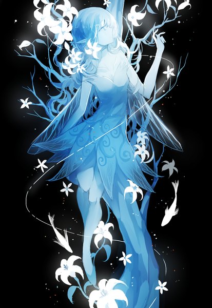 Anime picture 1000x1450 with original cui (jidanhaidaitang) single long hair tall image fringe blue eyes bare shoulders blue hair looking away hair flower pointy ears outstretched arm black background wavy hair fantasy insect wings fairy girl dress