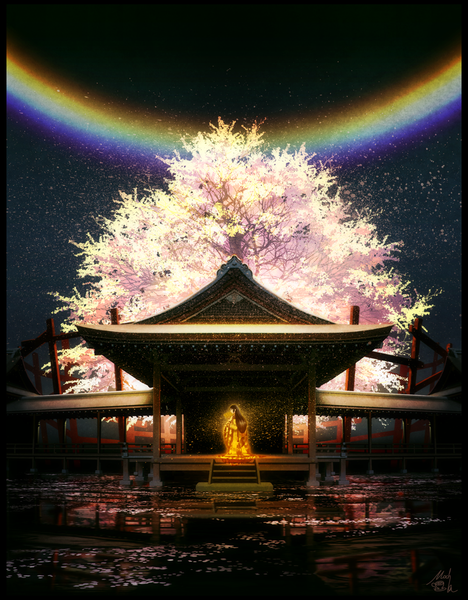 Anime picture 870x1116 with original mocha (cotton) single long hair tall image black hair traditional clothes japanese clothes night cherry blossoms architecture east asian architecture girl plant (plants) petals tree (trees) rainbow shrine pond