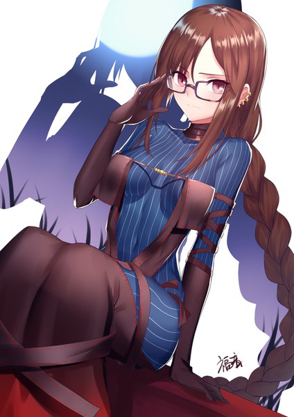 Anime picture 1300x1838 with fate (series) fate/grand order yu mei-ren (fate) gogatsu fukuin single tall image looking at viewer blush fringe breasts light erotic simple background red eyes brown hair large breasts sitting signed payot braid (braids) very long hair