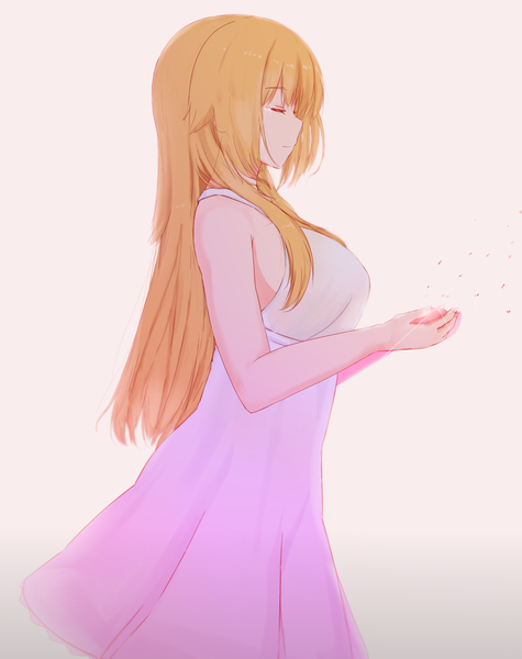 Anime picture 1242x1569 with original nao (ritsan) single long hair tall image breasts blonde hair large breasts standing eyes closed profile tears crying glow girl dress sundress