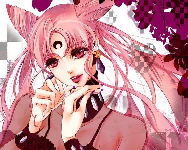 Anime picture 1649x1319 with bishoujo senshi sailor moon toei animation chibiusa black lady renattou single red eyes twintails pink hair nail polish pink eyes lips lipstick crescent checkered silhouette checkered background girl plant (plants) earrings