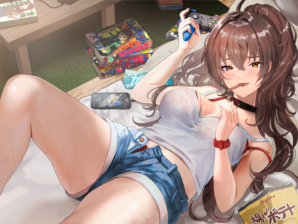 Anime picture 4608x3456 with original yavalley single long hair looking at viewer blush fringe highres breasts open mouth light erotic hair between eyes brown hair large breasts bare shoulders holding brown eyes absurdres cleavage ponytail