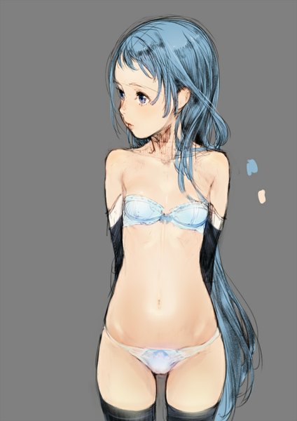 Anime picture 707x1000 with kantai collection samidare destroyer branch (blackrabbits) single long hair tall image blue eyes light erotic simple background bare shoulders blue hair grey background bare belly underwear only hands behind back girl thighhighs navel underwear panties