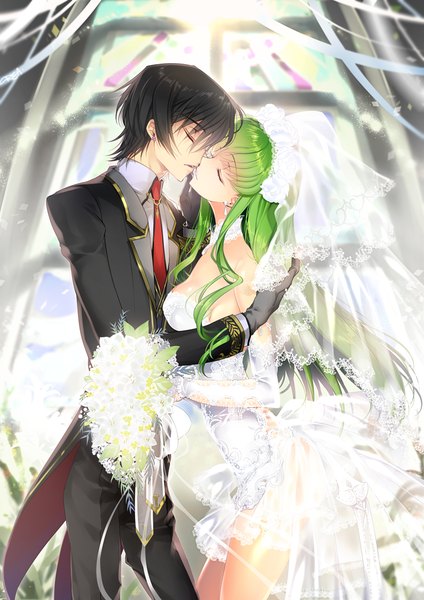 Anime picture 800x1132 with code geass sunrise (studio) c.c. lelouch lamperouge creayus long hair tall image fringe short hair breasts black hair holding parted lips green hair couple hug shiny almost kiss wedding girl