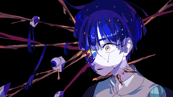 Anime picture 2000x1125 with houseki no kuni phosphophyllite phosphophyllite (ll) yuigahama (user nevh3547) single highres short hair simple background wide image yellow eyes blue hair looking away upper body black background surprised androgynous spoilers crack debris gold