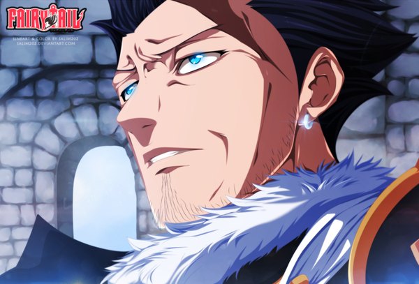 Anime picture 1928x1309 with fairy tail silver (fairy tail) salim202 single highres short hair blue eyes black hair inscription coloring portrait close-up bristle boy earrings fur arch