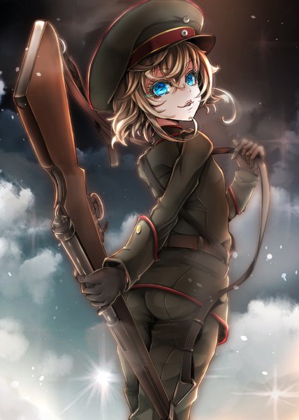 Anime picture 875x1225 with youjo senki tanya degurechaff gin ji single tall image fringe short hair blue eyes blonde hair smile hair between eyes standing cloud (clouds) looking back from behind shiny military girl uniform weapon