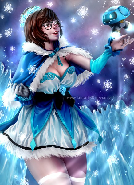 Anime picture 1600x2200 with overwatch blizzard entertainment mei (overwatch) snowball (overwatch) laurart88 single tall image fringe short hair breasts open mouth smile brown hair standing brown eyes signed looking away cleavage :d realistic