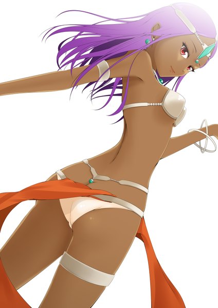 Anime picture 2893x4092 with dragon quest dragon quest iv manya (dq4) koyaya (sorano) single long hair tall image highres light erotic simple background red eyes white background purple hair looking back midriff dark skin girl hair ornament earrings bracelet