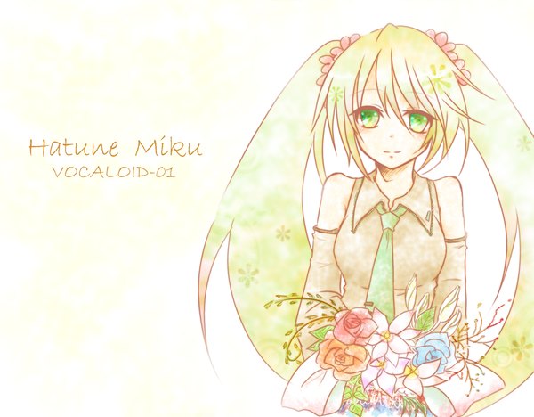 Anime picture 1932x1507 with vocaloid hatsune miku mokoppe single long hair highres simple background smile twintails bare shoulders green eyes green hair inscription wallpaper girl flower (flowers) detached sleeves bouquet