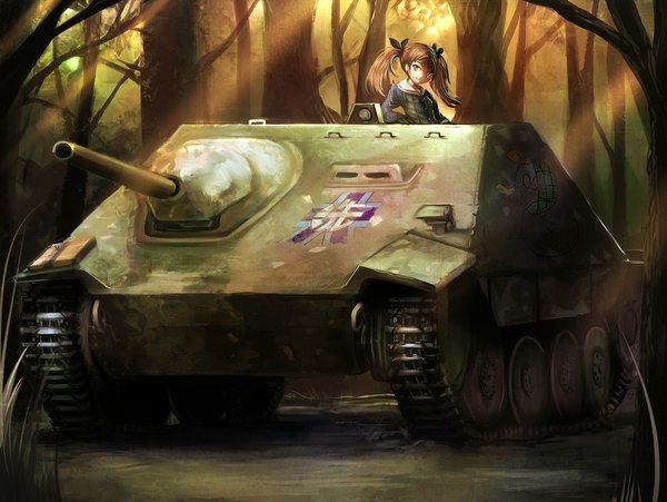 Anime picture 1197x900 with girls und panzer kadotani anzu single long hair smile brown hair twintails brown eyes girl bow weapon plant (plants) hair bow tree (trees) ground vehicle forest tank caterpillar tracks