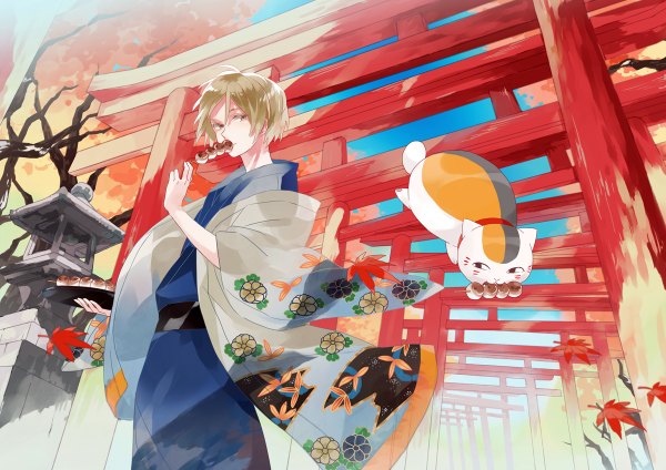Anime picture 1200x848 with natsume yuujinchou brains base (studio) natsume takashi madara (nyanko-sensei) michi (iawei) short hair blonde hair brown eyes traditional clothes japanese clothes mouth hold eating boy plant (plants) animal tree (trees) food sweets leaf (leaves) cat