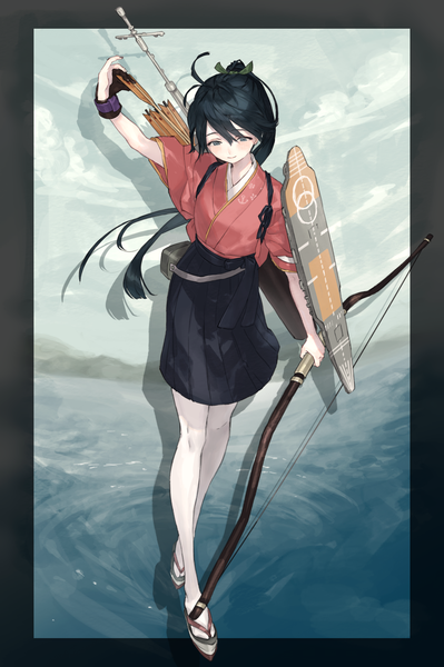 Anime picture 2353x3541 with kantai collection houshou light aircraft carrier ozyako single long hair tall image fringe highres black hair hair between eyes sky cloud (clouds) full body outdoors ponytail traditional clothes japanese clothes black eyes outside border ripples