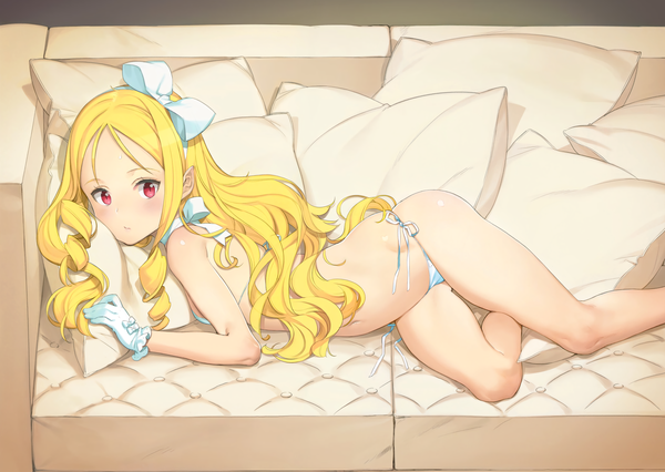 Anime picture 4279x3039 with eromanga sensei a-1 pictures yamada elf oyari ashito single long hair blush highres light erotic blonde hair red eyes absurdres bent knee (knees) lying pointy ears scan drill hair on side third-party edit detexted