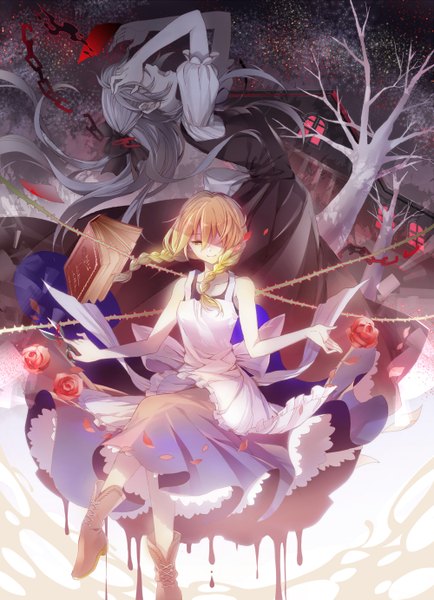 Anime picture 1000x1381 with the witch's house viola (the witch's house) ellen (the witch's house) jing (artist) long hair tall image blonde hair bare shoulders multiple girls braid (braids) one eye closed grey hair wink night night sky twin braids girl dress flower (flowers) ribbon (ribbons)