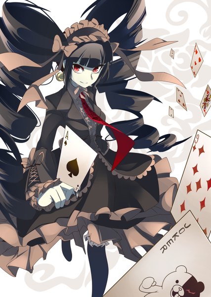 Anime picture 1260x1771 with dangan ronpa monokuma celestia ludenberg total9 single tall image looking at viewer black hair red eyes twintails very long hair drill hair girl dress bow necktie boots frills headdress card (cards)