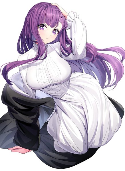 Anime picture 1266x1736 with sousou no frieren fern (sousou no frieren) ririko (zhuoyandesailaer) single long hair tall image fringe simple background white background purple eyes purple hair from above arm support hand on head girl dress white dress
