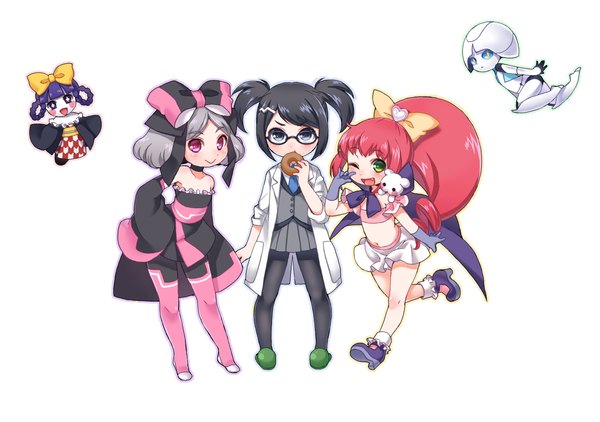 Anime picture 1229x865 with pop'n music root@chou dou-ken purecle lip moimoi (pop'n music) ninjin shouni (sato3) long hair looking at viewer short hair open mouth blue eyes black hair simple background smile white background multiple girls green eyes purple hair full body red hair