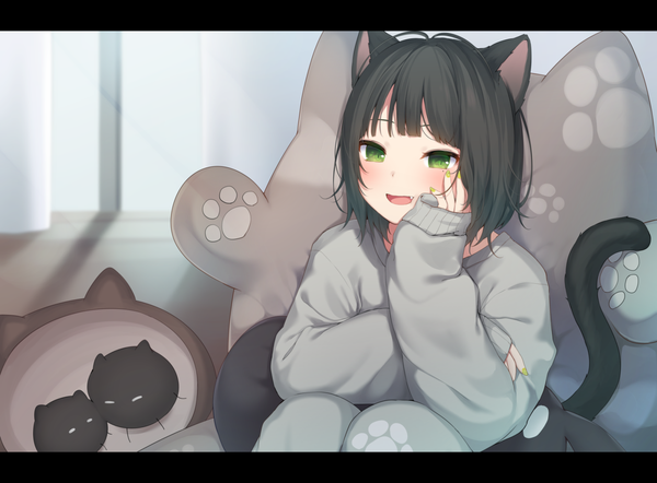 Anime picture 1800x1328 with original nachi single looking at viewer blush fringe highres short hair open mouth black hair smile sitting green eyes animal ears indoors tail long sleeves nail polish :d animal tail