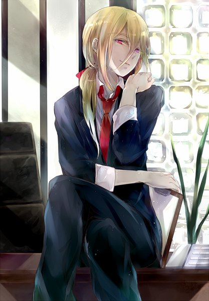 Anime picture 750x1078 with inazuma eleven inazuma eleven go afuro terumi haiko (kusub) single long hair tall image looking at viewer blonde hair smile sitting ponytail pink eyes boy plant (plants) necktie table paper