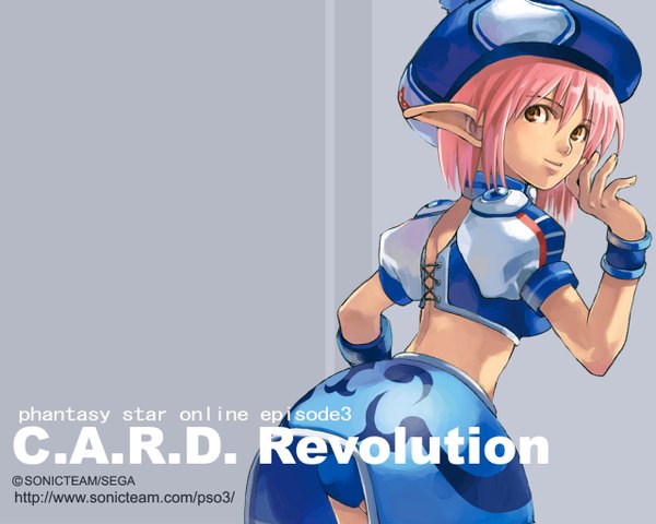 Anime picture 1280x1024 with phantasy star phantasy star online sega fonewearl single short hair light erotic simple background brown eyes pink hair looking back pointy ears grey background official art wallpaper copyright name girl hat