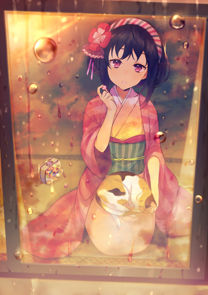Anime picture 706x1000 with original achiki single tall image looking at viewer short hair black hair sitting traditional clothes head tilt japanese clothes pink eyes mole mole under eye rain seiza girl animal food window